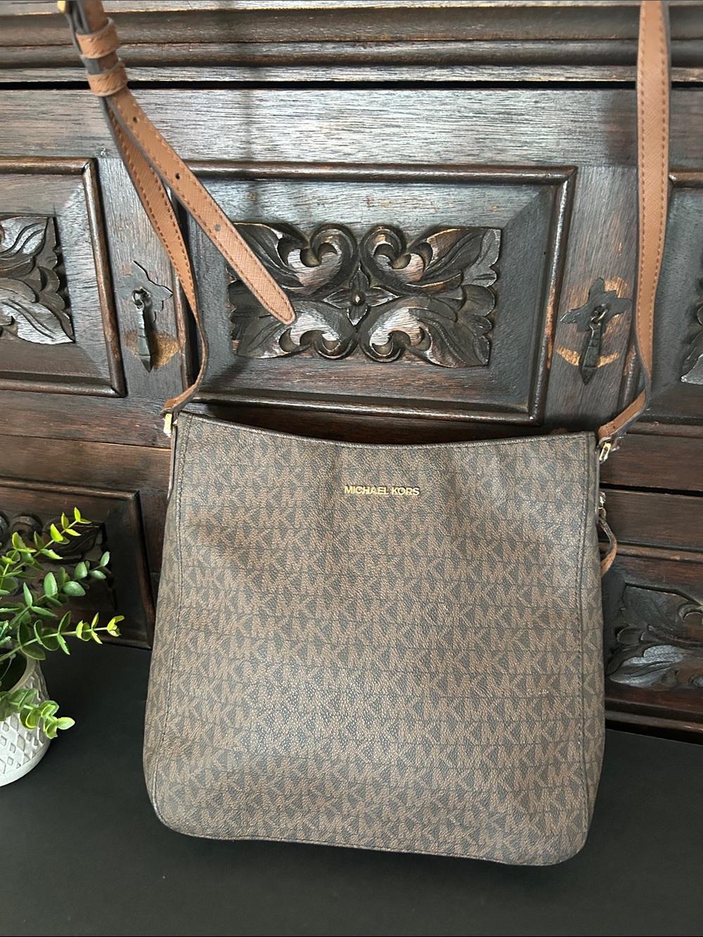 Michael Kors Brown MK Monogram Crossbody Bag with Tan Strap